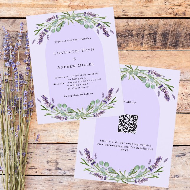 Lavender violet Arch QR budgetbröllopsinbjudan (Skapare uppladdad)
