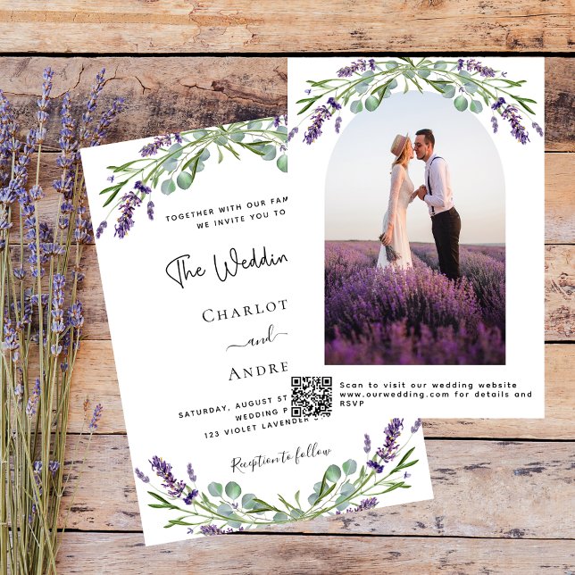 Lavender violet blommigt Arch-foto QR OSA bröllop Inbjudningar (Skapare uppladdad)