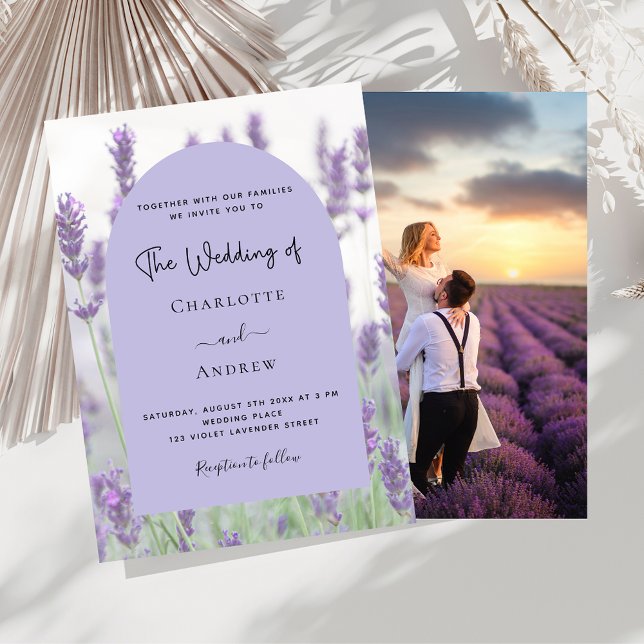 Lavender violet blommigt Arch fotolyxur bröllop Inbjudningar (Skapare uppladdad)