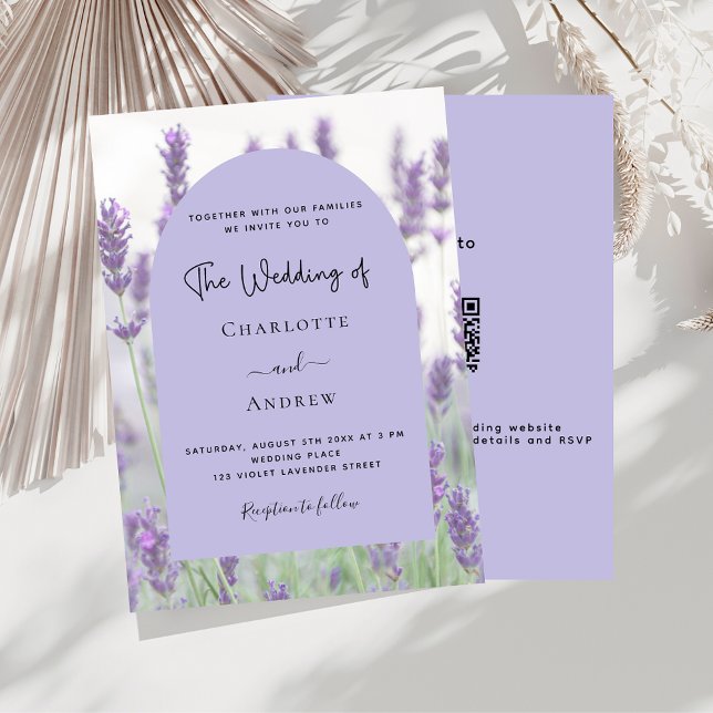 Lavender violet blommigt Arch QR-kod OSA bröllop Inbjudningar (Skapare uppladdad)
