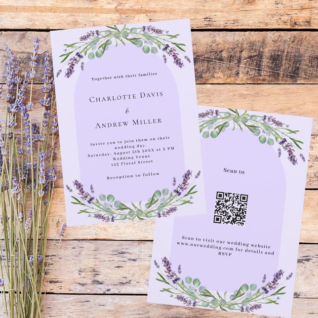 Lavender violet blommigt Arch QR-kod OSA bröllop Inbjudningar (Skapare uppladdad)