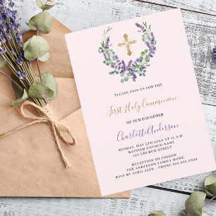 Lavender violet blommigt Girl First Communion Inbjudningar