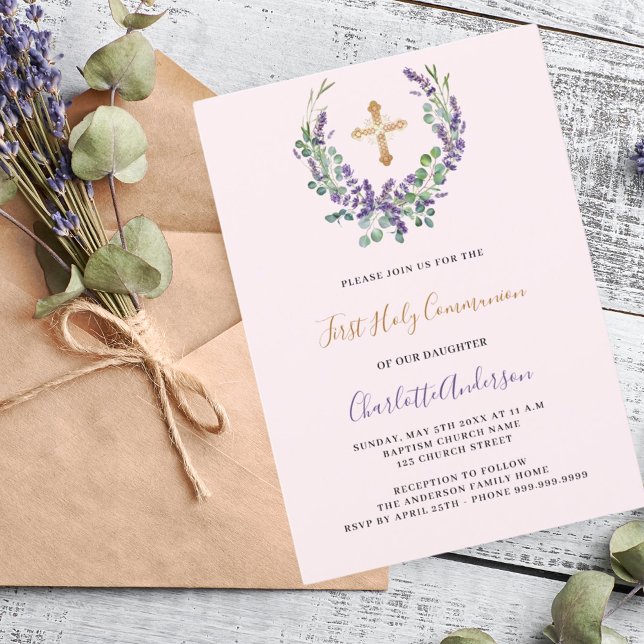 Lavender violet blommigt Girl First Communion Inbjudningar (Skapare uppladdad)