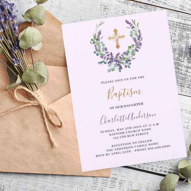 Lavender violet blommigt greenery girl kor Baptism Inbjudningar (Skapare uppladdad)