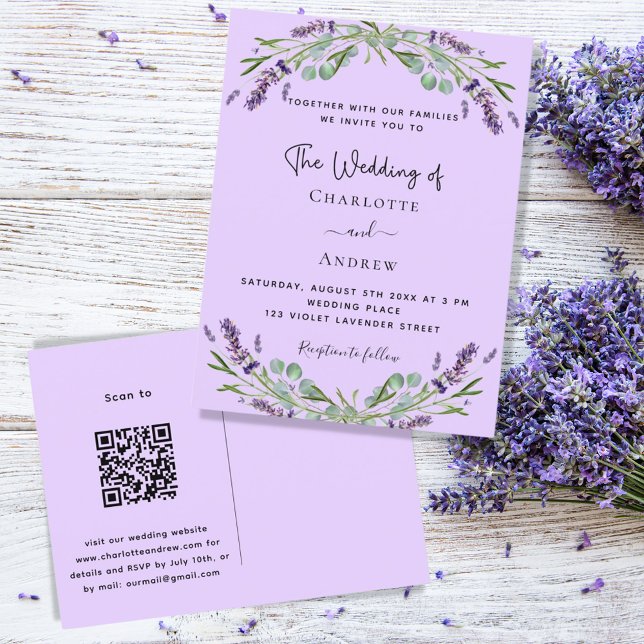 Lavender violet blommigt greenery QR-kod bröllop Inbjudan Vykort (Skapare uppladdad)