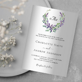 Lavender violet blommigt silver monogram bröllop inbjudningar