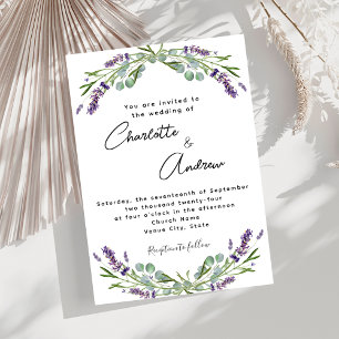Lavender violet blommigts greenery script bröllop inbjudningar