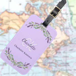 Lavender violet blommigts monogram namn elegant bagagebricka