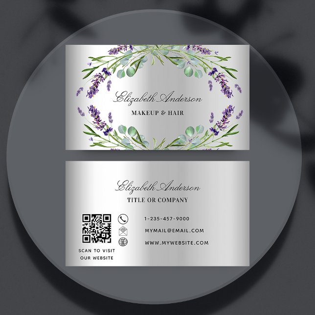 Lavender violet eucalyptus greenery silver QR Visitkort (Skapare uppladdad)