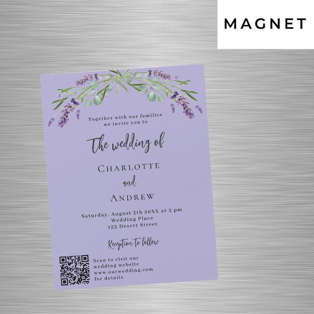 Lavender violet greenery QR-detaljer lyxurt bröllo Magnetisk Inbjudningskort (Skapare uppladdad)