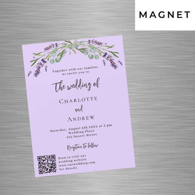 Lavender violet greenery QR-detaljer lyxurt bröllo Magnetisk Inbjudningskort (Skapare uppladdad)