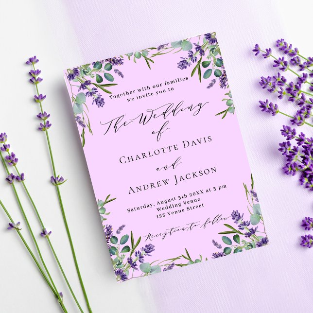 Lavender violett rosa blommigt greenery bröllop inbjudan vykort (Skapare uppladdad)