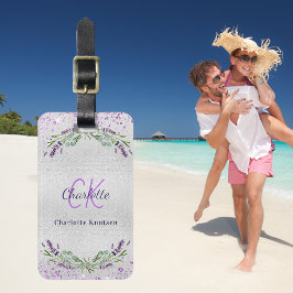 Lavender violett silver-blommor monogram namn bagagebricka