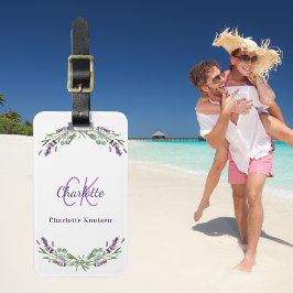 Lavender violettblommor monogram namn vit bagagebricka