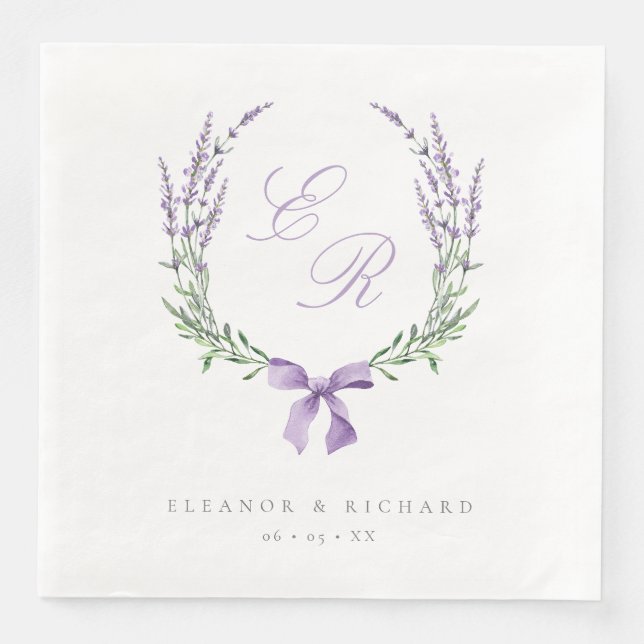 Lavender Wandeand & Bow Monogram Bröllop Pappersservett (Framsida)