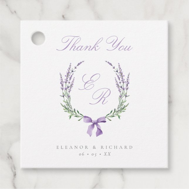 Lavender Wandeand & Bow Monogram Bröllop Tack Gåvor Etiketter (Framsida)