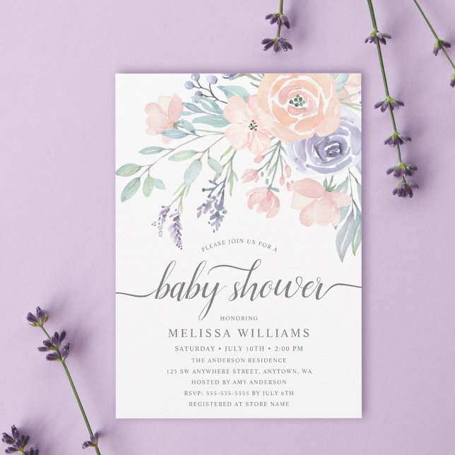  Lavender Watercolor Blommigt Girl Baby Shower Inbjudningar (Skapare uppladdad)