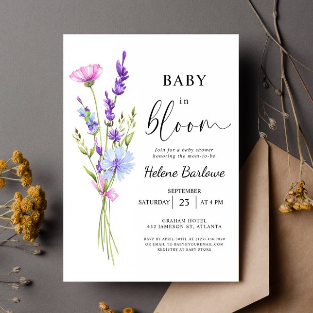 Lavender Watercolor Boho WildblomBaby Shower Inbjudningar (Lavender Watercolor Boho Wildflower Baby Shower Invitation)