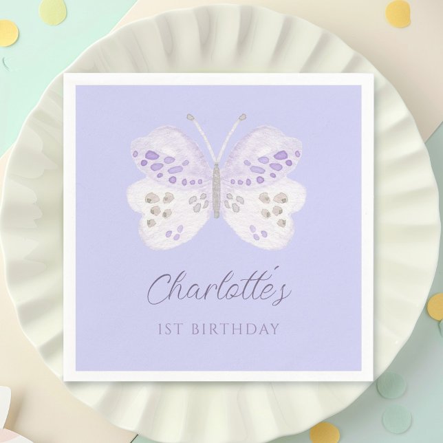  Lavender Watercolor Butterfly 1st Birthday Party Pappersservett (Skapare uppladdad)