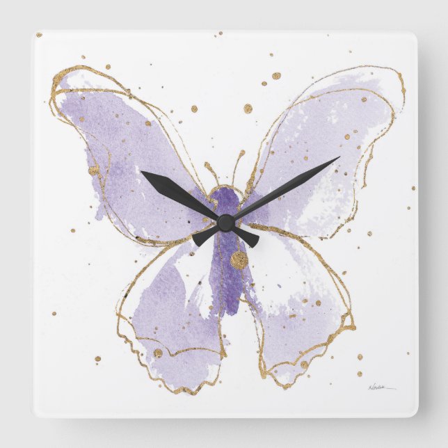 Lavender Watercolor Butterfly Fyrkantig Klocka (Framsida)