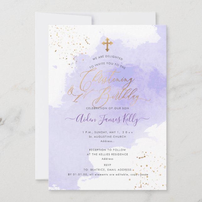 Lavender Watercolor Christening+1st Birthday Invit Inbjudningar (Framsida)