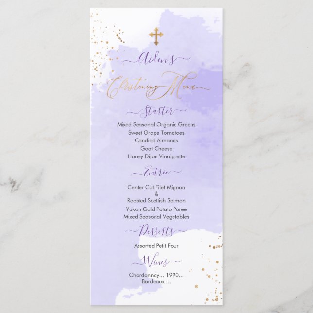 Lavender Watercolor Christening+1st Birthday Menu Meny (Framsida)