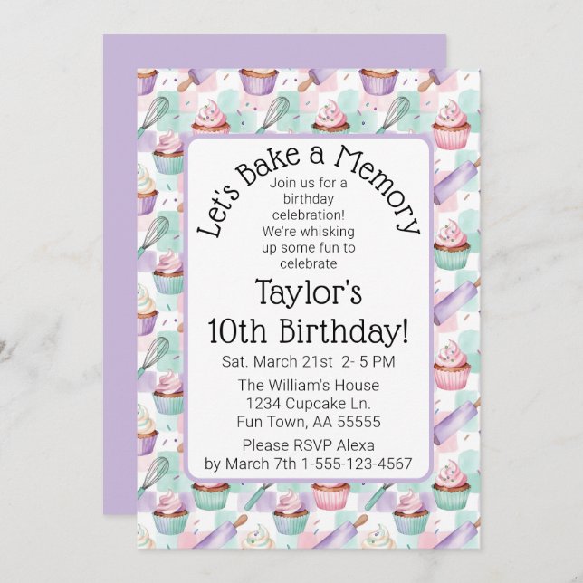 Lavender Watercolor Cupcake Baking Birthday Party Inbjudningar (Fram/baksida)