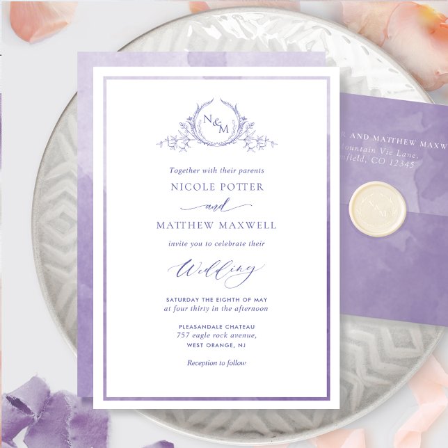 Lavender, Watercolor Elegant Monogram Bröllop Inbjudningar (Skapare uppladdad)