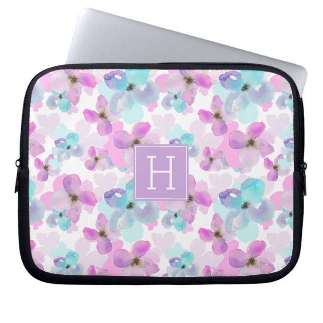 Lavender Watercolor Flowers Monogram Laptop Sleeve (Framsidan)
