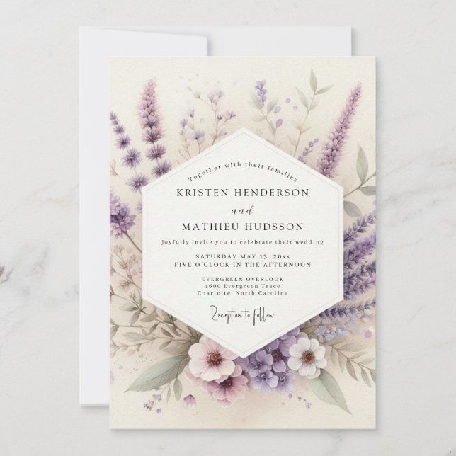 Lavender Watercolor Meadow Wedding Inbjudningar (Framsida)