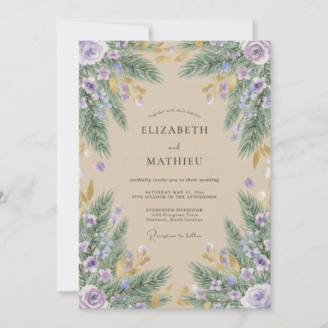 Lavender Watercolor Pine Rustic Wedding Inbjudningar (Framsida)