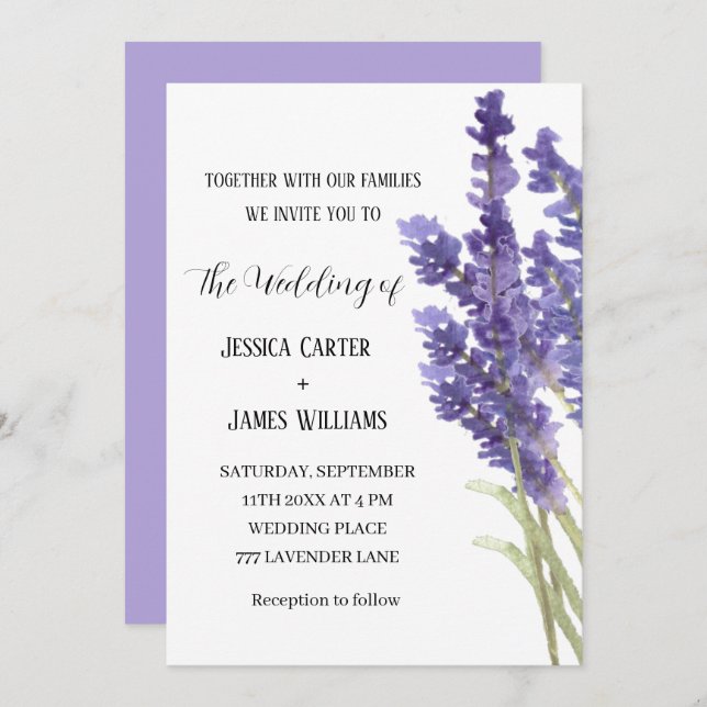 Lavender Watercolor Rustic Elegant bröllop Inbjudningar (Fram/baksida)