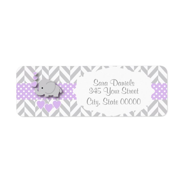 Lavender, White Grått Elephant Baby Shower 2 Returadress Etikett (Framsidan)