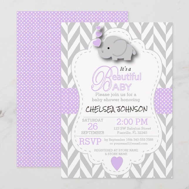 Lavender, White Grått Elephant 🐘 Baby Shower Inbjudningar (Fram/baksida)