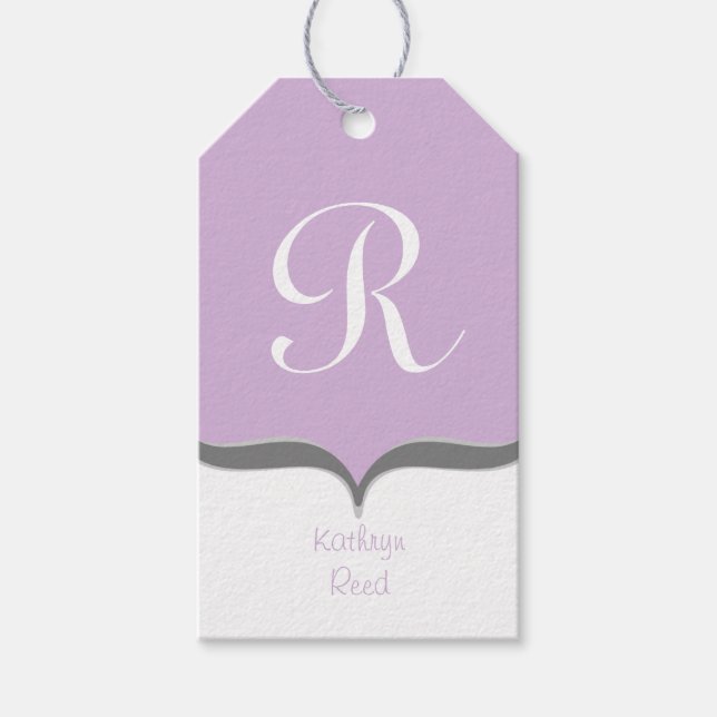 Lavender White Grått Monogram Namn Gift Märkres Presentetikett (Framsidan)