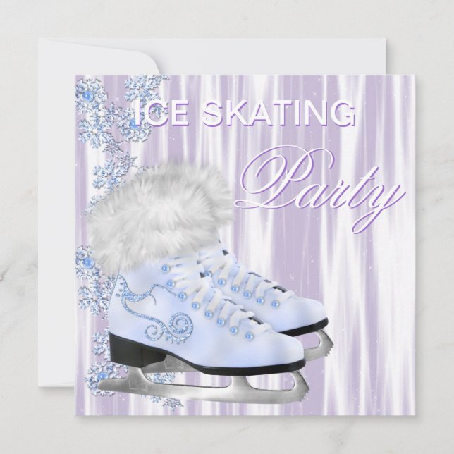 Lavender White Snöflingor Skates Ice Skating Party Inbjudningar (Framsida)