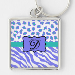 Lavender White Zebra Leopard Skin Monogram Initial Fyrkantig Silverfärgad Nyckelring