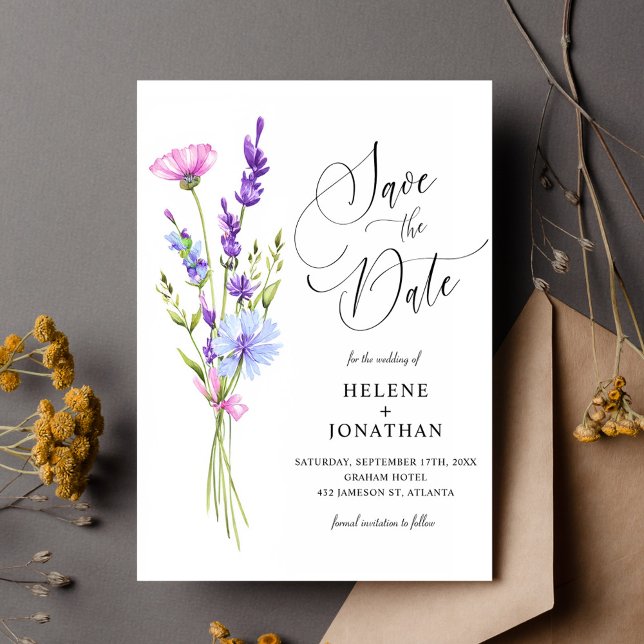 Lavender WildblomGarden Boho Elegant bröllop Spara Datumet (Lavender Wildflower Garden Boho Elegant Wedding Save The Date)