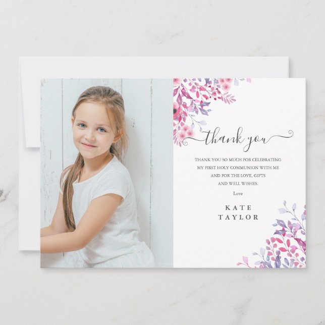 Lavender Wildblommor First Heliga Communion Photo Tack Kort (Framsida)