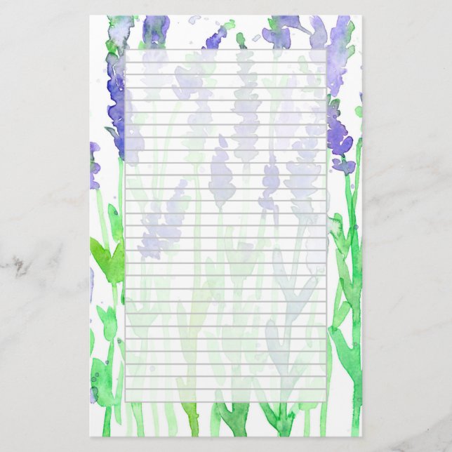 Lavender Wildblommor Watercolor Grått Lined Brevpapper (Framsida)