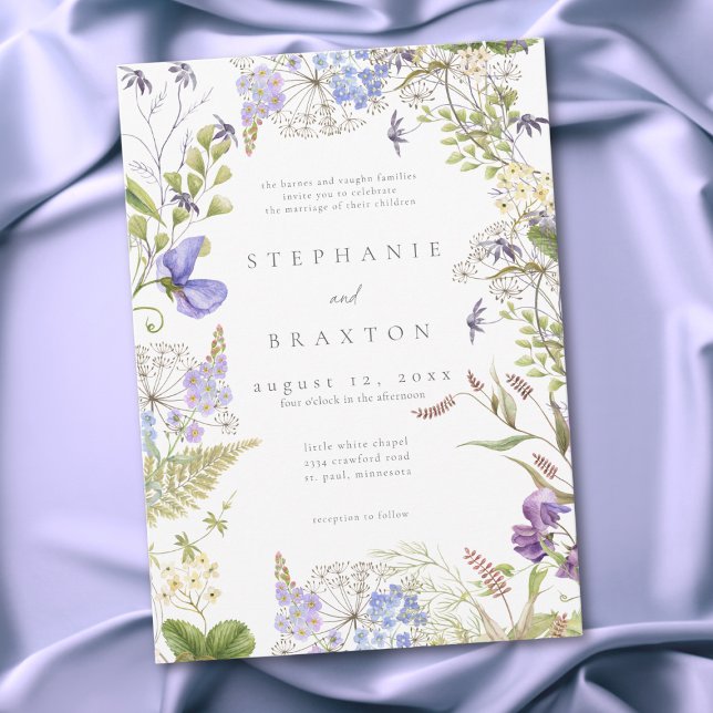 Lavender Wildflower Garden White Romantic Wedding Inbjudningar (Lavender Wildflower Garden White Romantic Wedding Invitation)