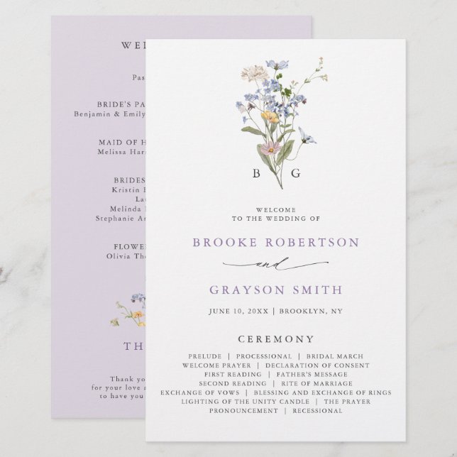 Lavender Wildflower Meadow Garden Wedding Program (Fram/baksida)