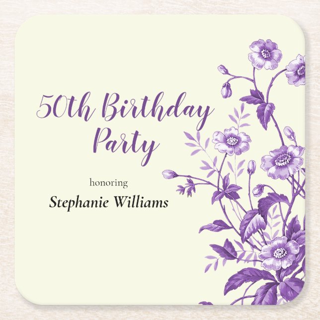 Lavender Wildflower Women's 50th Birthday Party Underlägg Papper Kvadrat (Framsidan)