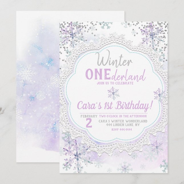 Lavender Winter Onederland 1:a födelsedag Inbjudningar (Fram/baksida)