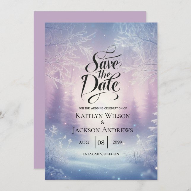 Lavender Winter Snowfall Sergranat Bröllop Spara Datumet (Fram/baksida)