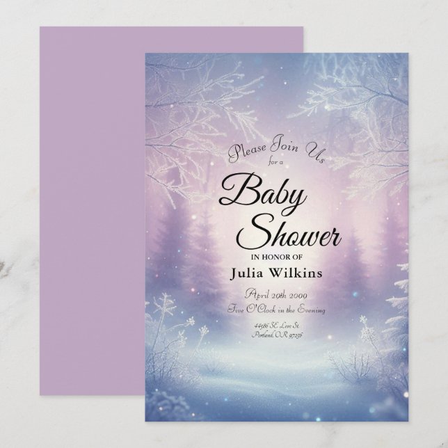 Lavender Winter Snowfall-serumgranat Baby Shower Inbjudningar (Fram/baksida)