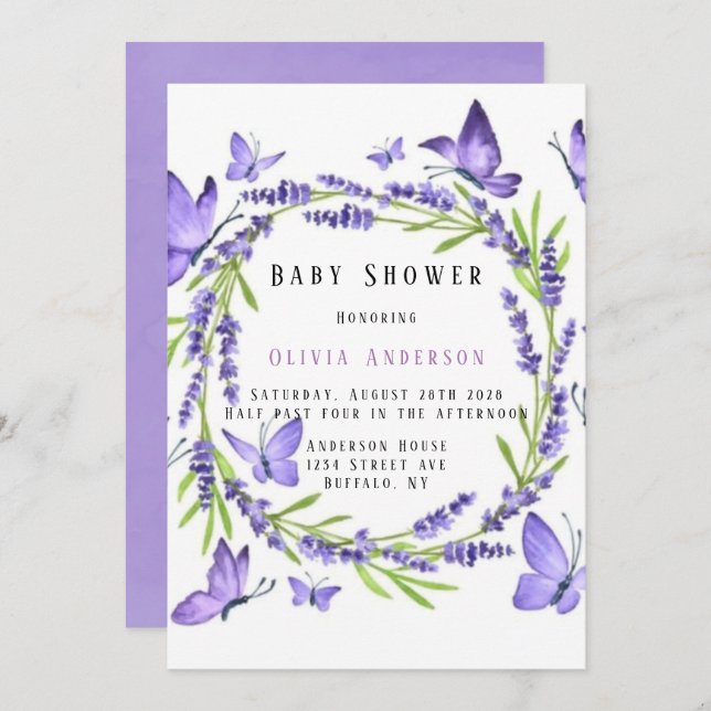 Lavender & Wisteria Butterflies Girl Baby Shower Inbjudningar (Fram/baksida)