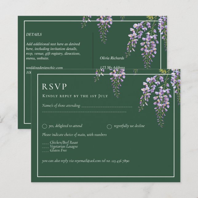 Lavender WISTERIA Emerald Grönt All-in-1 Bröllop Vykort (Fram/baksida)