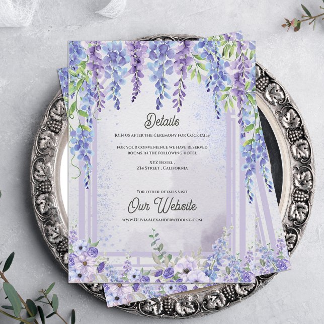 Lavender Wisteria Floral Arch Wedding Details Tilläggskort (Lavender Wisteria Floral Arch Wedding Details Card | Purple Garden Wedding Information Enclosure)