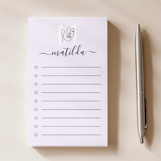 Lavender Women Ansikte Line Art & Script Monogram Post-it Block (Skapare uppladdad)